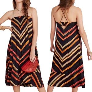 Anthropologie Runi Chevron Slip Dress Strappy Cross Back A-Line Midi Size L NWT